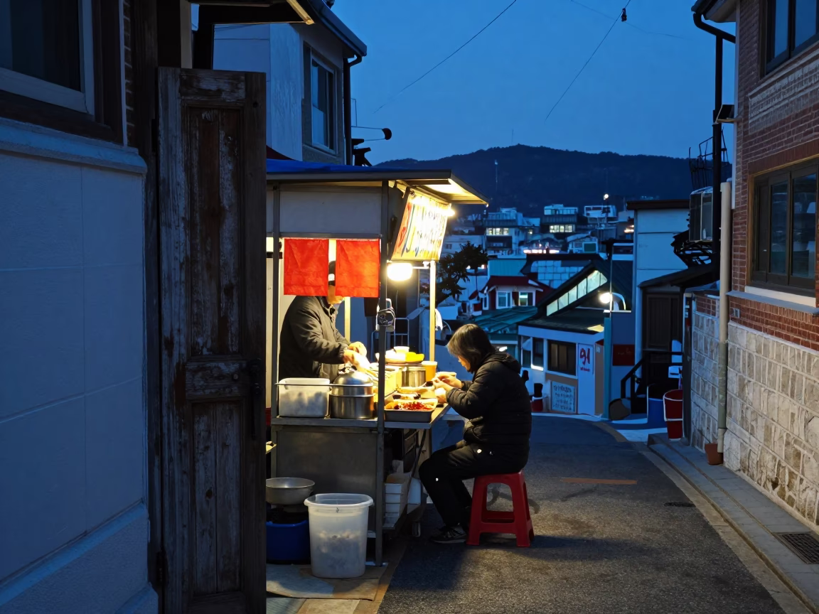 Busan Food Stall at Indigo Twilight After Sunset in in Busan, South Korea