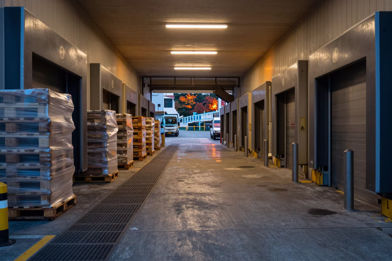 Busan Fulfillment Dock Before Dawn Firelight in at a fulfillment packing station in Gamcheon, Busan
