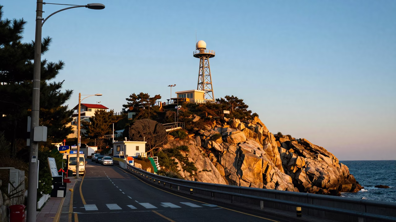 Busan Golden Hour Street Scene with Weather Radar and Coastal Bluff in in Busan, South Korea