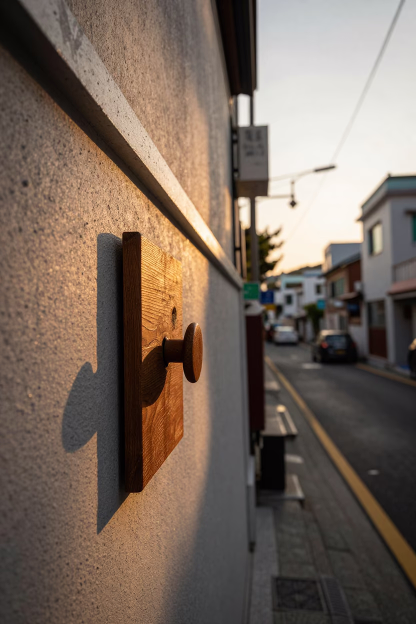 Busan Golden Hour Street Scene with Wooden Drawer Knob Detail in in Busan, South Korea