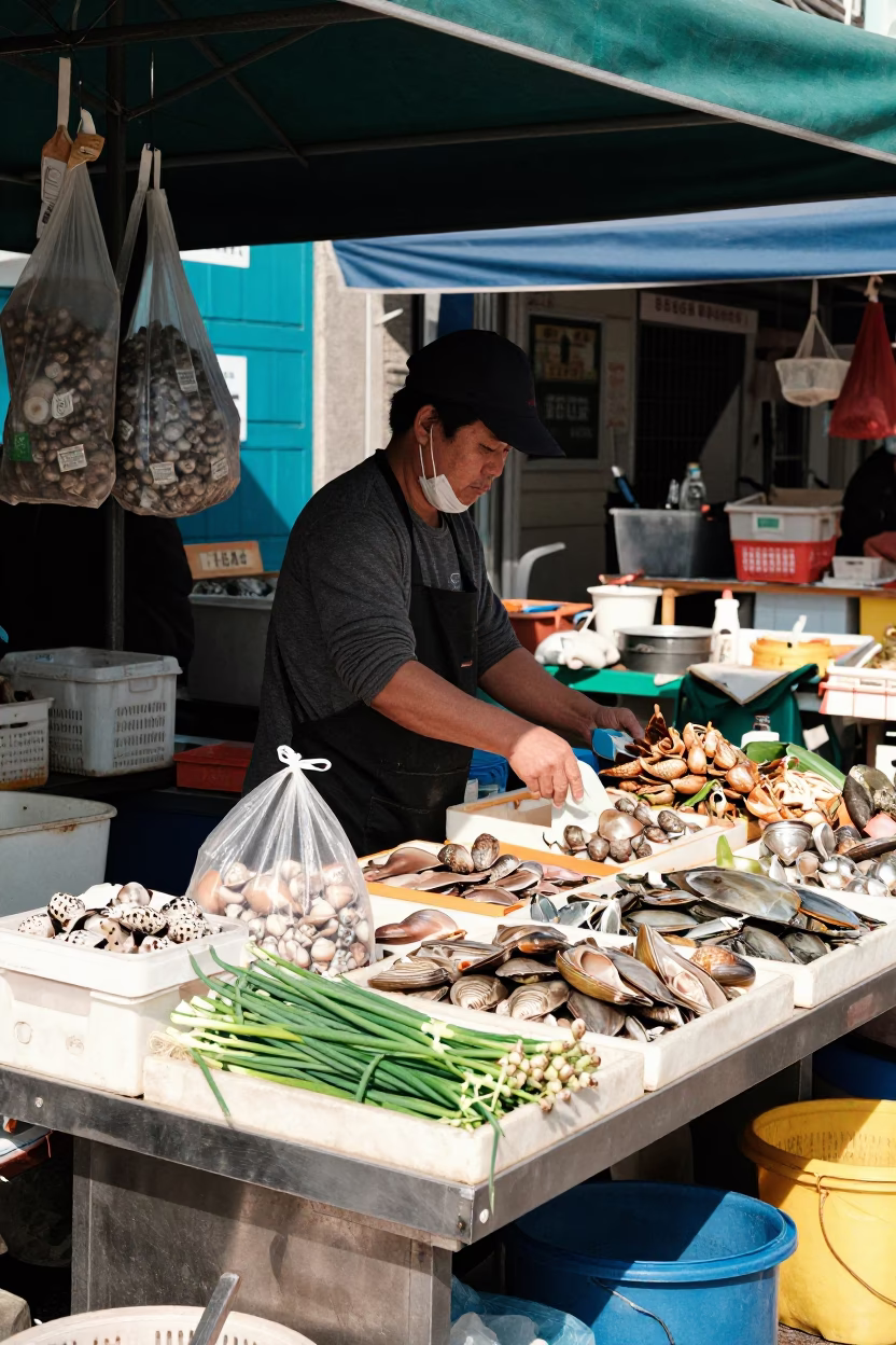 Busan Gukje Market Stall with Seafood and Local Produce Under Noon Sun in in Busan, South Korea