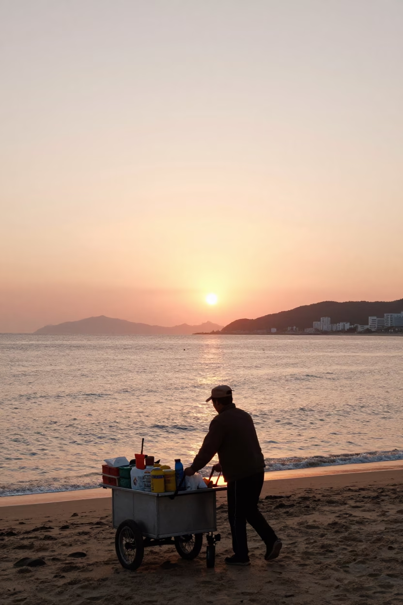 Busan Gwangalli Beach Horizon at Sunset with Rolling Carts and Urban Skyline in in Busan, South Korea
