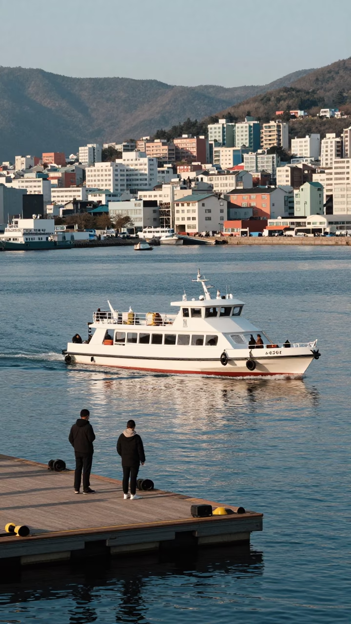 Busan Haemaru Port Late Morning Water Taxi and Floating Dock Scene in in Busan, South Korea