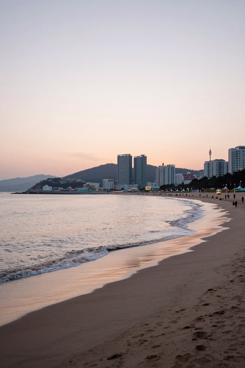 Busan Haeundae Beach Dawn with Monorail and Coastal Activity in in Busan, South Korea