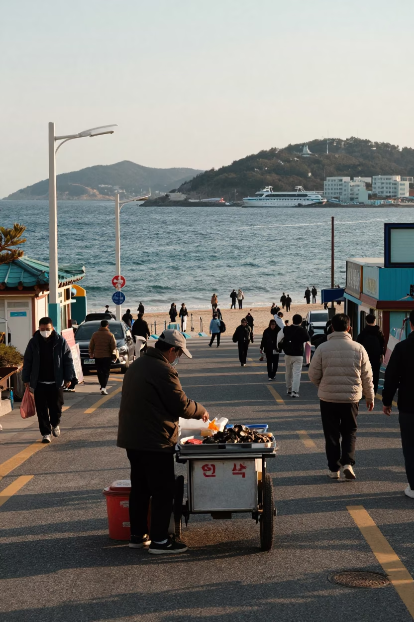 Busan Haeundae Beach Late Afternoon Street Scene with Local Vendor and Sea View in in Busan, South Korea