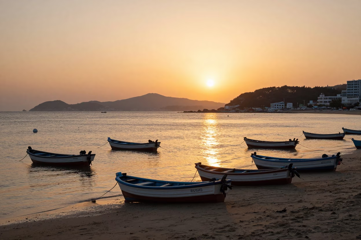 Busan Haeundae Beach Sunset Fishing Boats and Traditional Market Activity in in Busan, South Korea