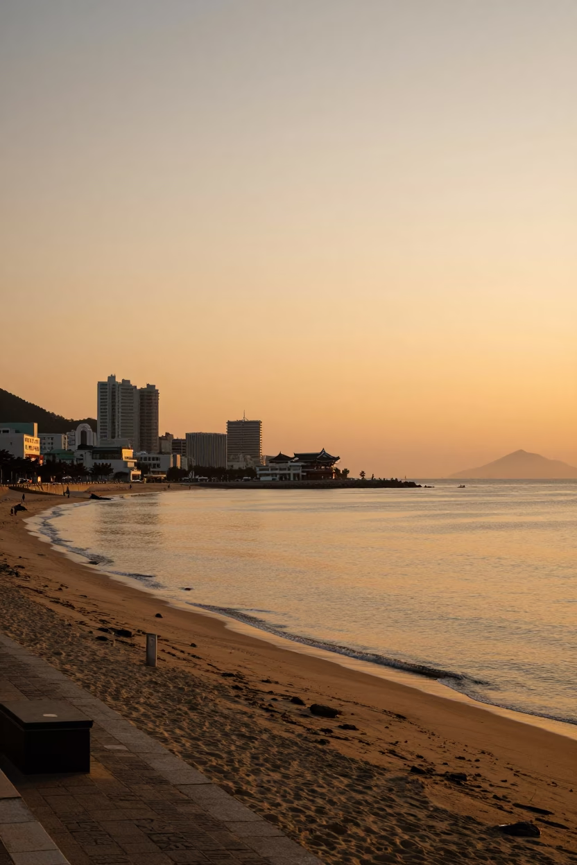 Busan Haeundae Beach Sunset Horizon View with Coastal Promenade and Evening Pedestrians in in Busan, South Korea