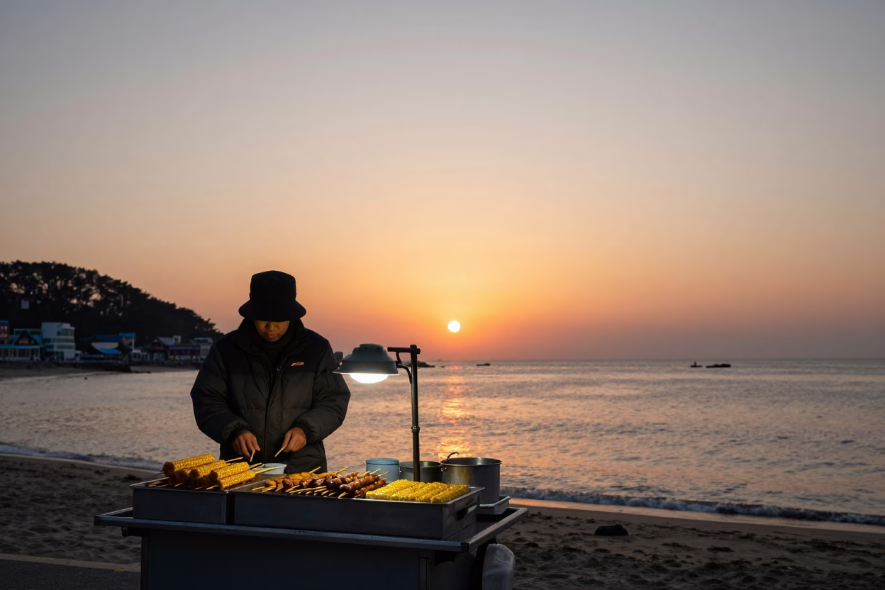 Busan Haeundae Beach Sunset with Street Food Vendor and Colorful Umbrellas in in Busan, South Korea