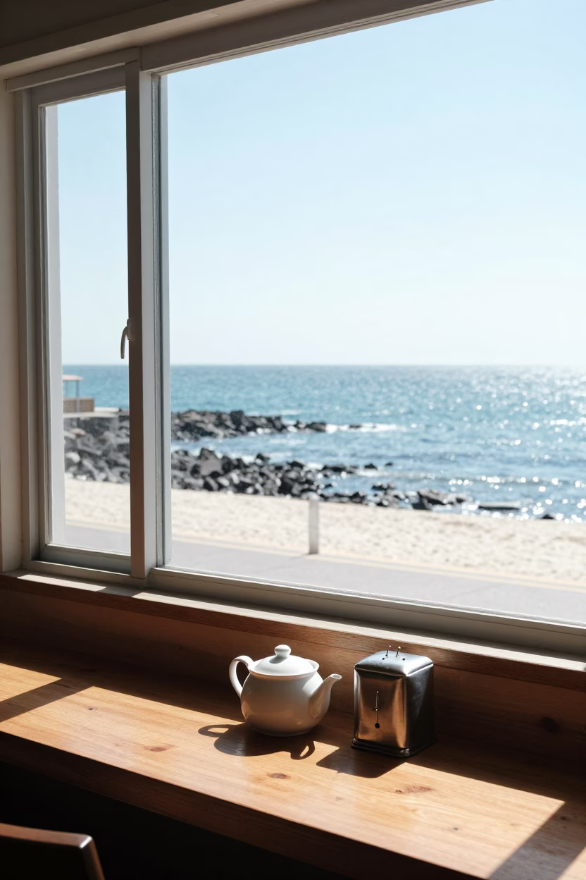 Busan Haeundae Beachside Cafe Window Display Under Harsh Noon Sunlight in in Busan, South Korea