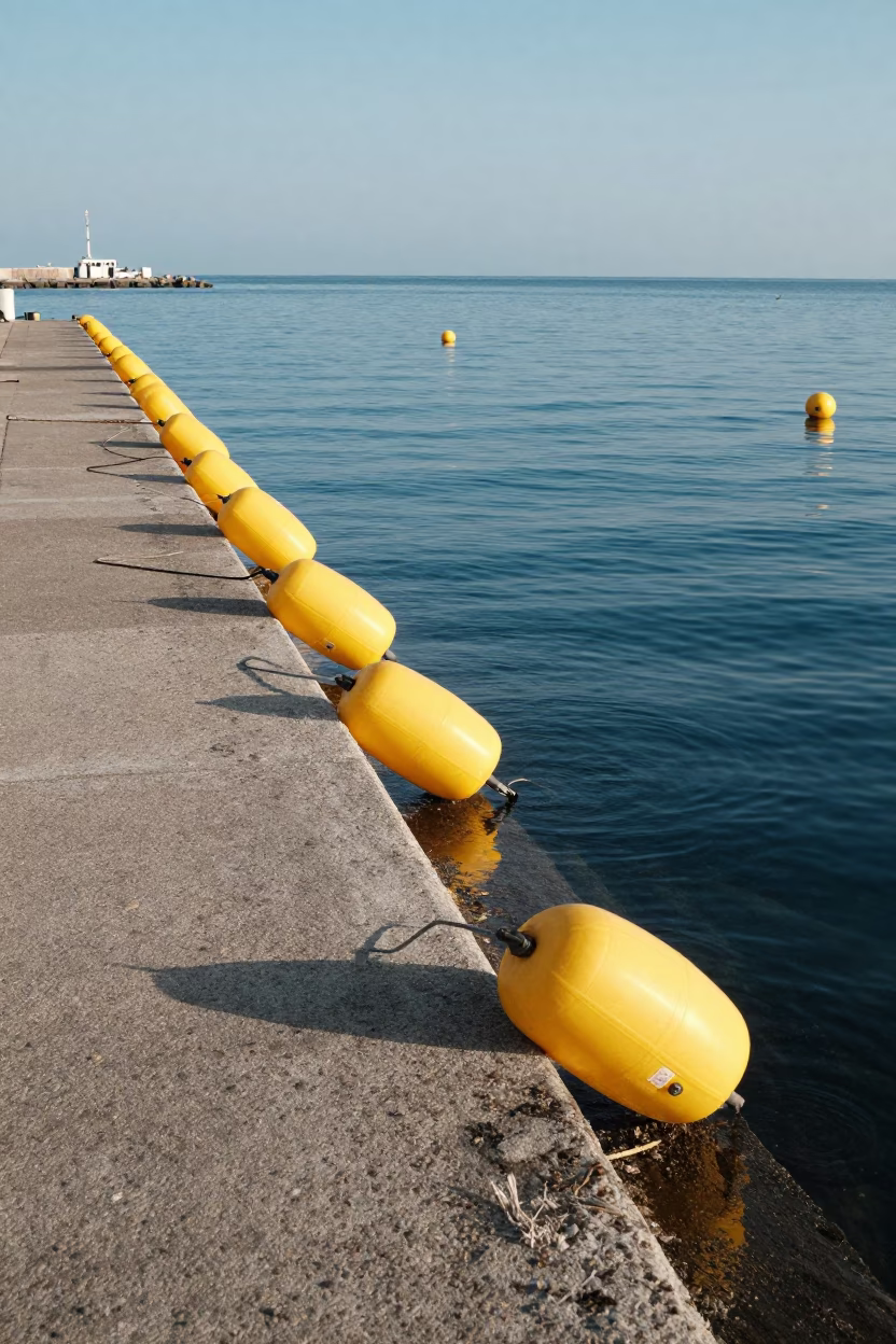 Busan Haeundae Fishing Floats Drift Along Coastline in Clear Late Afternoon Light in in Busan, South Korea