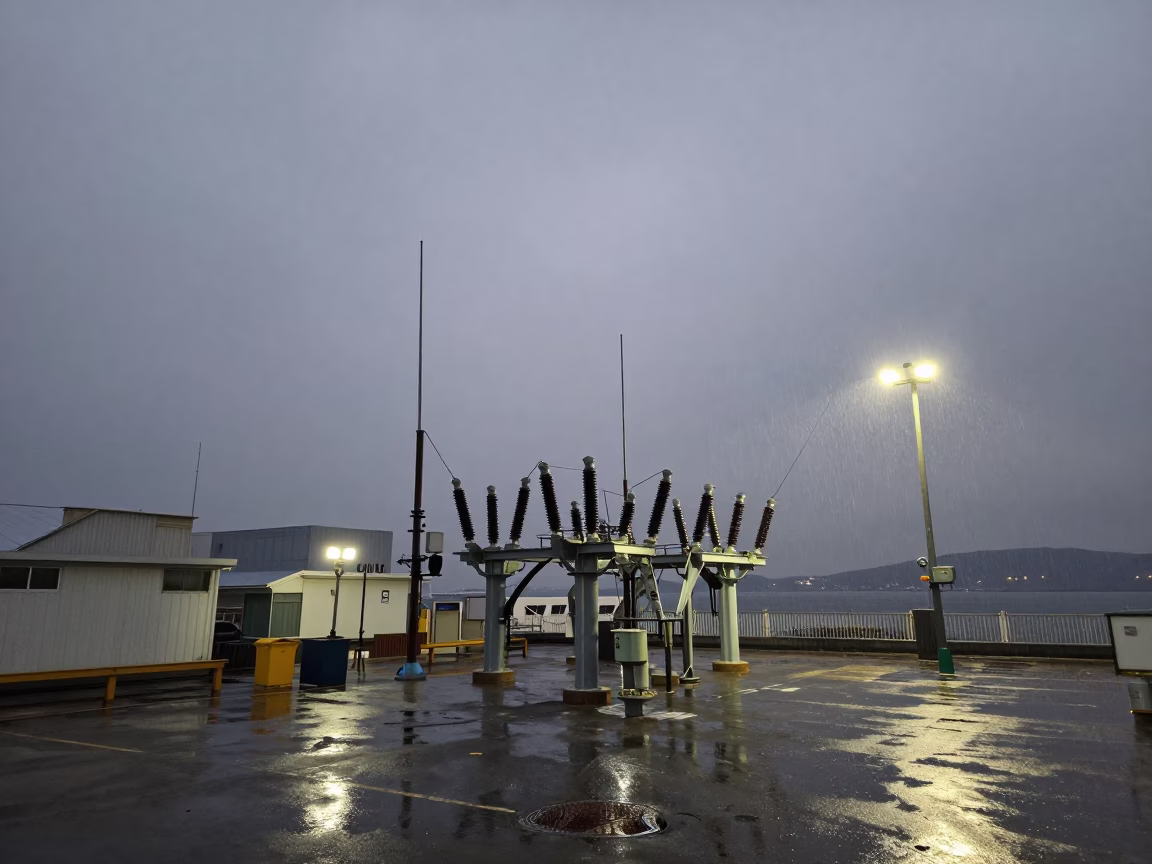 Busan Harbor Dawn Substation Insulators Rain Floodlights Nautical Light in in Busan, South Korea