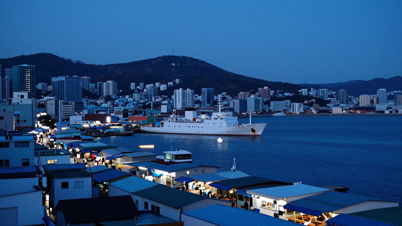 Busan Harbor Evening Blue Hour with Icebreaker Ship and Coastal Cityscape in in Busan, South Korea