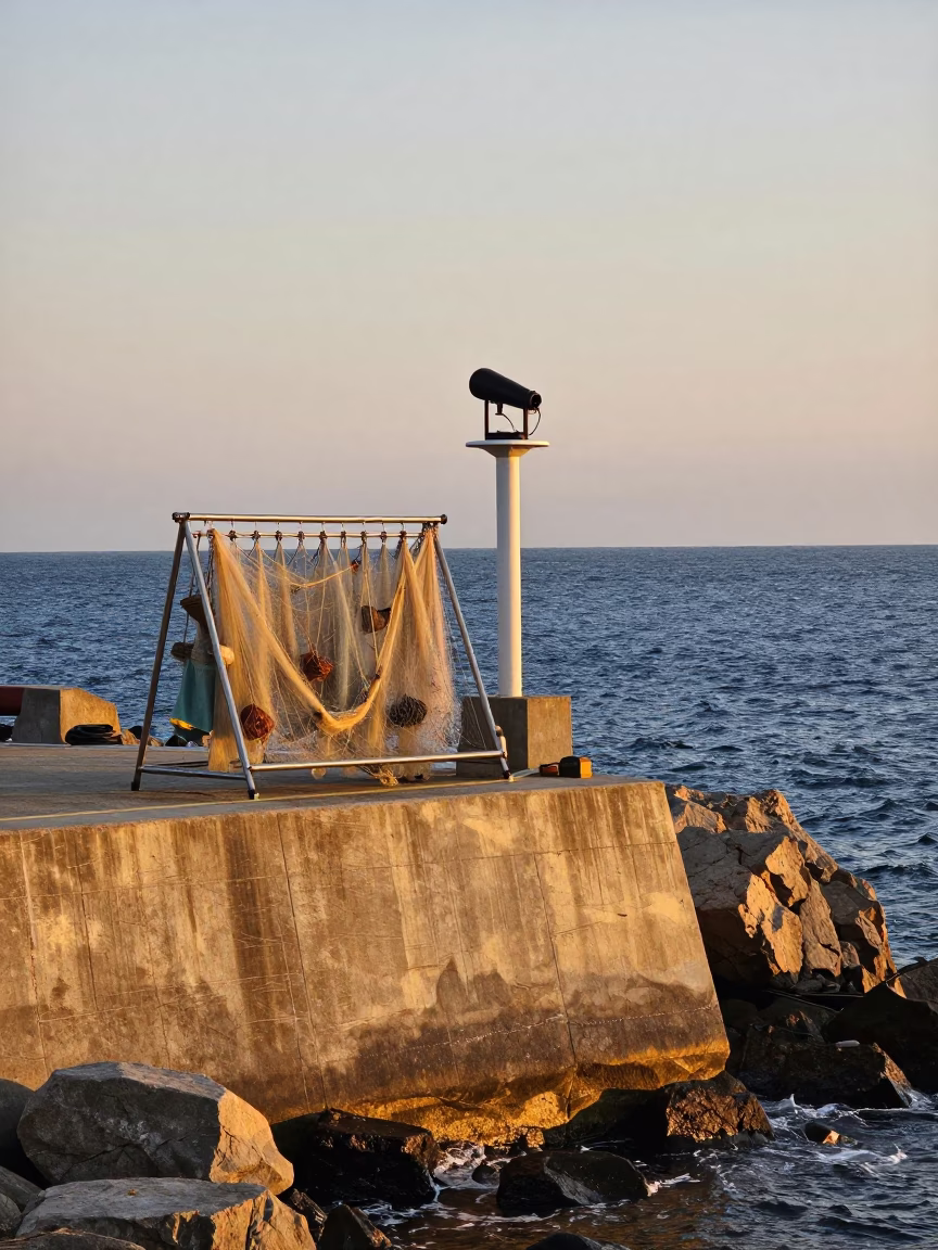 Busan Harbor Evening Light with Drying Rack and Hydrophone Winch Droplets in in Busan, South Korea