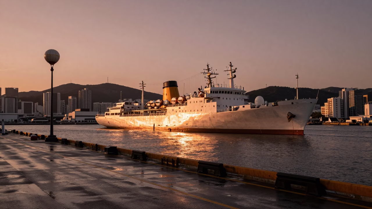 Busan Harbor Evening Scene with Steamship and Weather Balloon Tarp in in Busan, South Korea