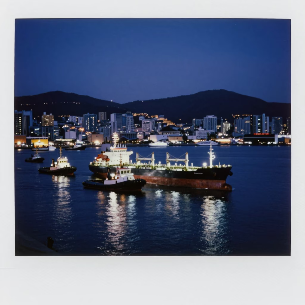 Busan Harbor Night Scene with Tugboats Guiding Tanker and City Lights in in Busan, South Korea