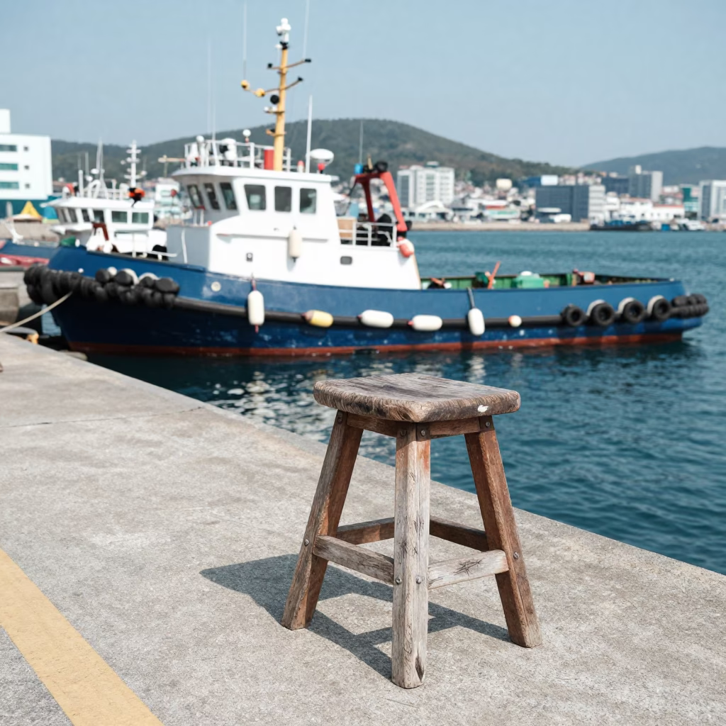 Busan Harbor Noon Tugboat Fishing Floats Brooms Street Scene in in Busan, South Korea