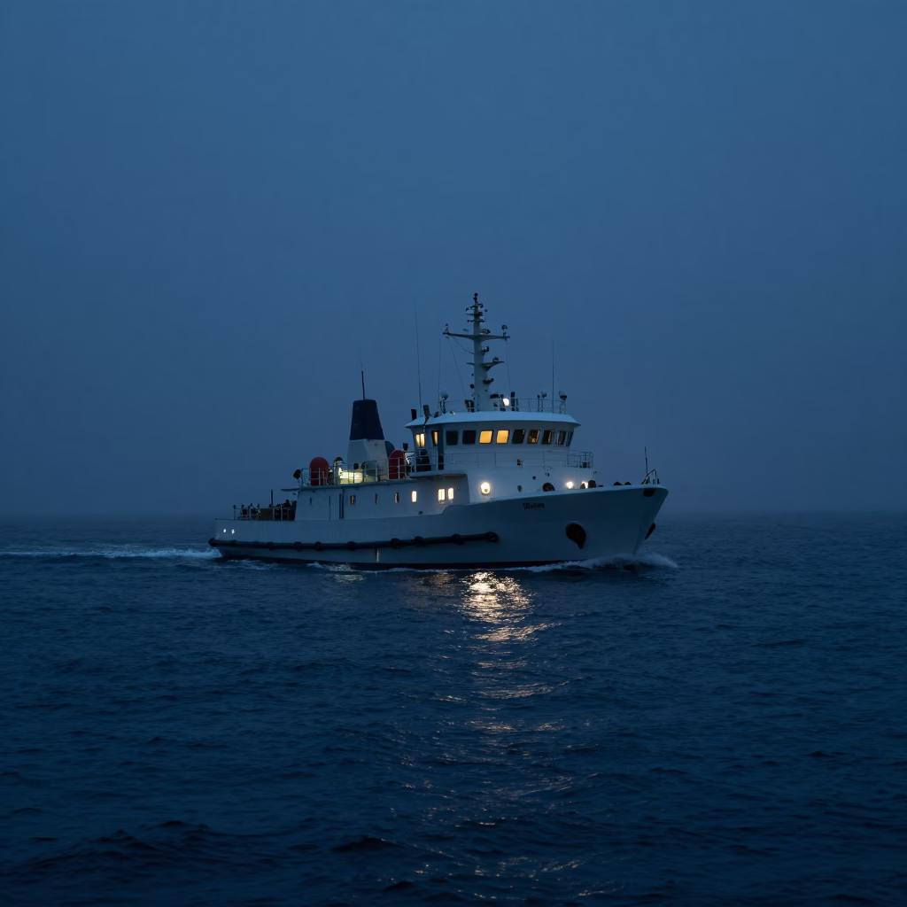 Busan Harbor Predawn Mist and Pilot Boat Approaching Choppy Waters in in Busan, South Korea