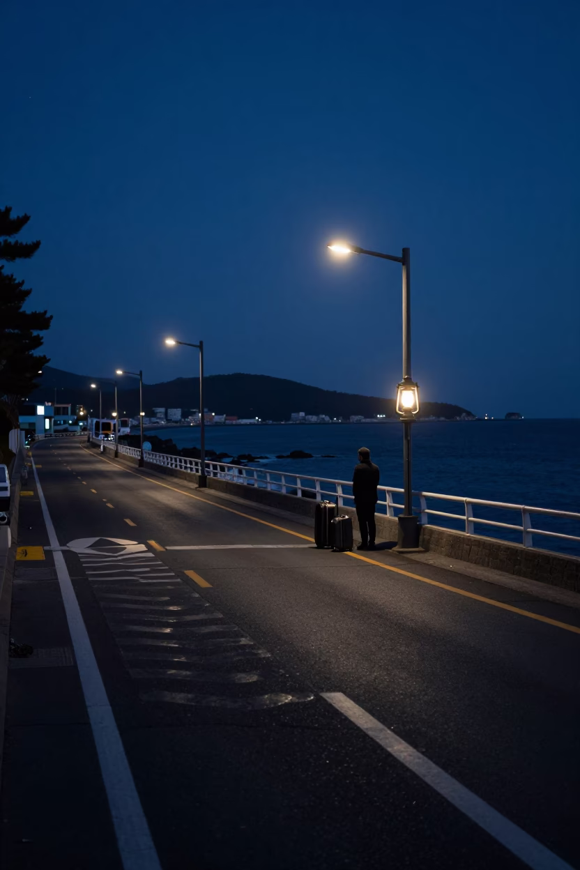 Busan Harbor Predawn Scene with Oil Lamp and Suitcases Near Coastal Road in in Busan, South Korea