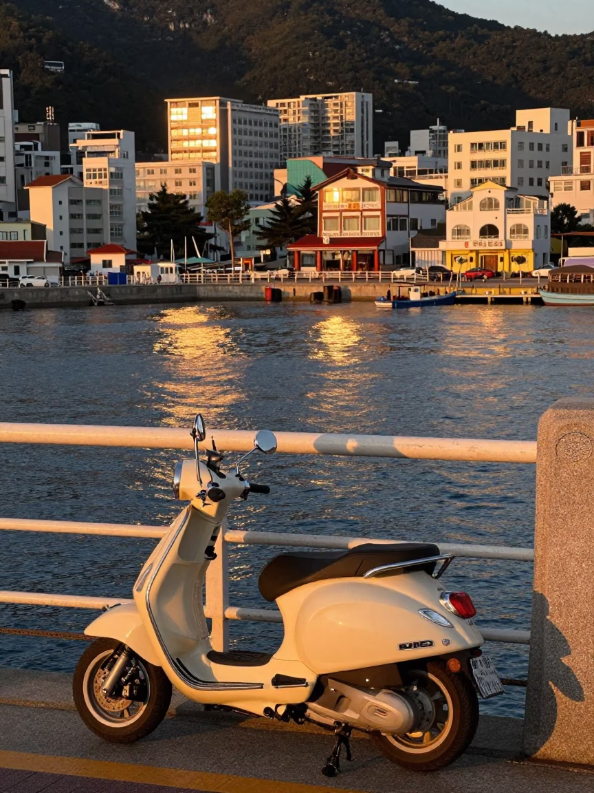 Busan Harbor Promenade Evening Scooter and Street Life in in Busan, South Korea