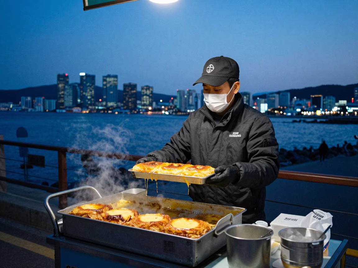 Busan harbor street food vendor serving kunafa at blue hour with city lights in in Busan, South Korea