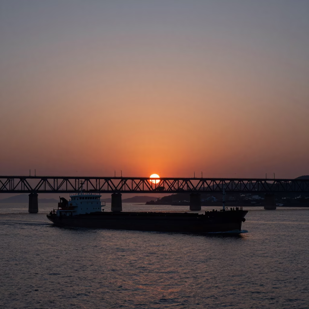 Busan Harbor Sunset Dusk with Coal Barge and Railroad Bridge Silhouette in in Busan, South Korea
