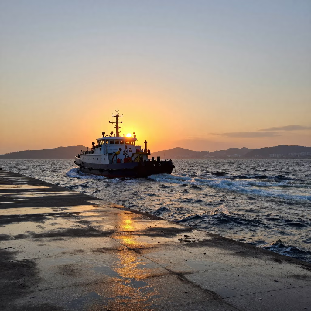 Busan Harbor Sunset View of Pilot Boat Navigating Choppy Waters Near Breakwater Tetrapods in in Busan, South Korea