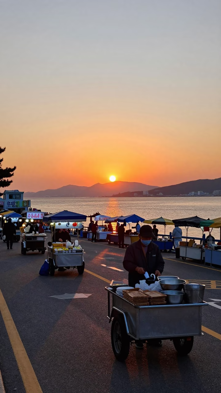 Busan Harbor Sunset with Traditional Street Food Vendors and Coastal Life in in Busan, South Korea