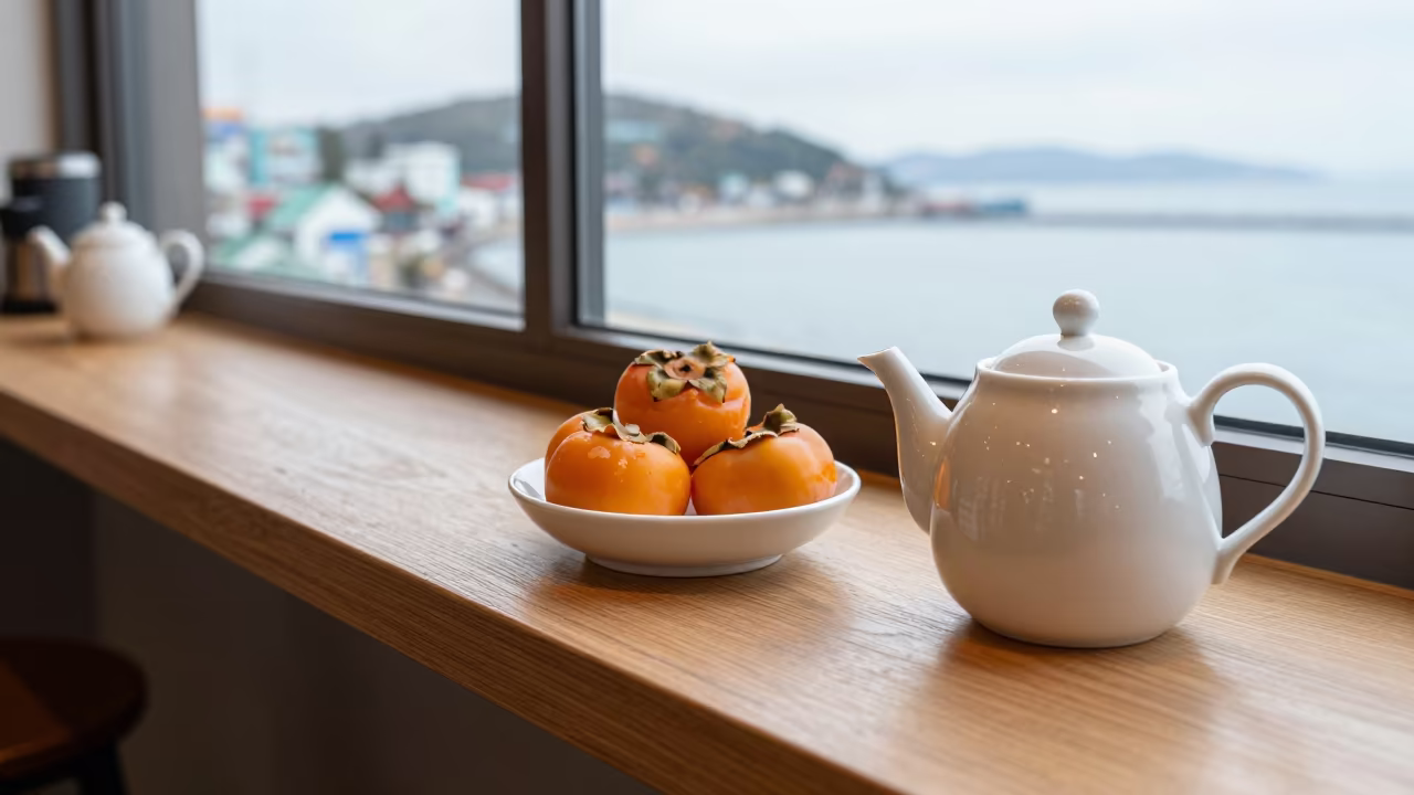 Busan Harbor Tea Service on Coffee Counter in at a coffee bar counter in Busan