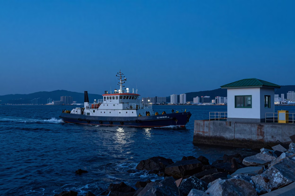 Busan Harbor Twilight Scene with Pilot Boat and Substation Road Reflections in in Busan, South Korea