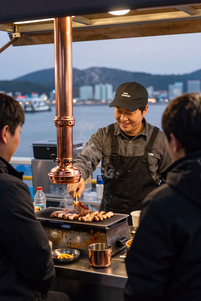 Busan Hot Samgyeopsal at Copper-toned Light Before Dusk in in Busan, South Korea
