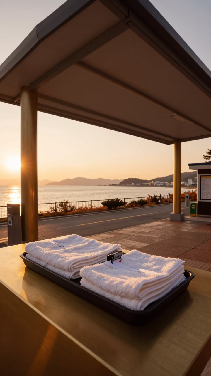 Busan Hotel Towel Tray in Evening Light in beneath a porte cochere at arrival in Nampo-dong, Busan