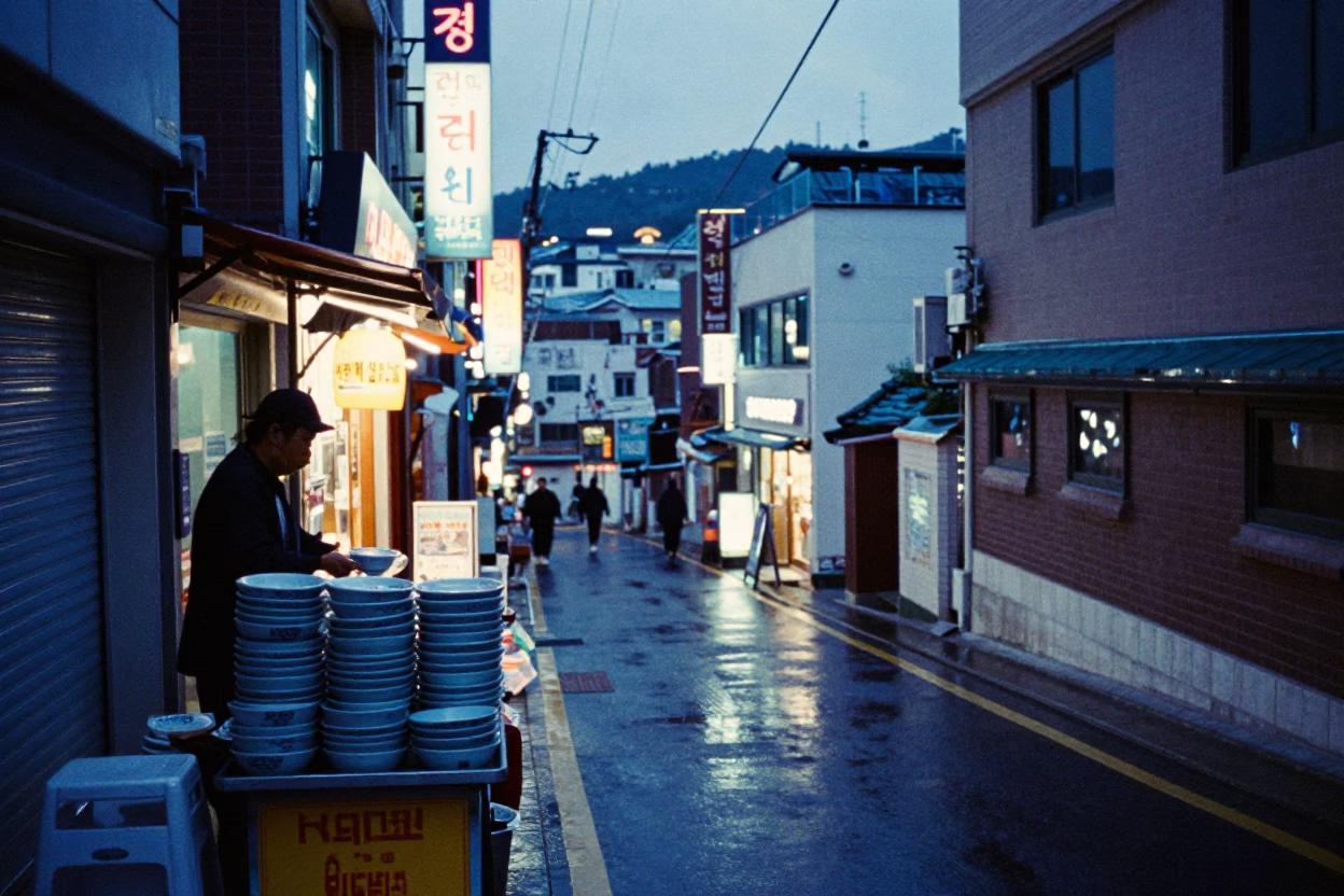 Busan Indigo Twilight Street Scene with Blue Porcelain Bowl and Dish Towel in in Busan, South Korea
