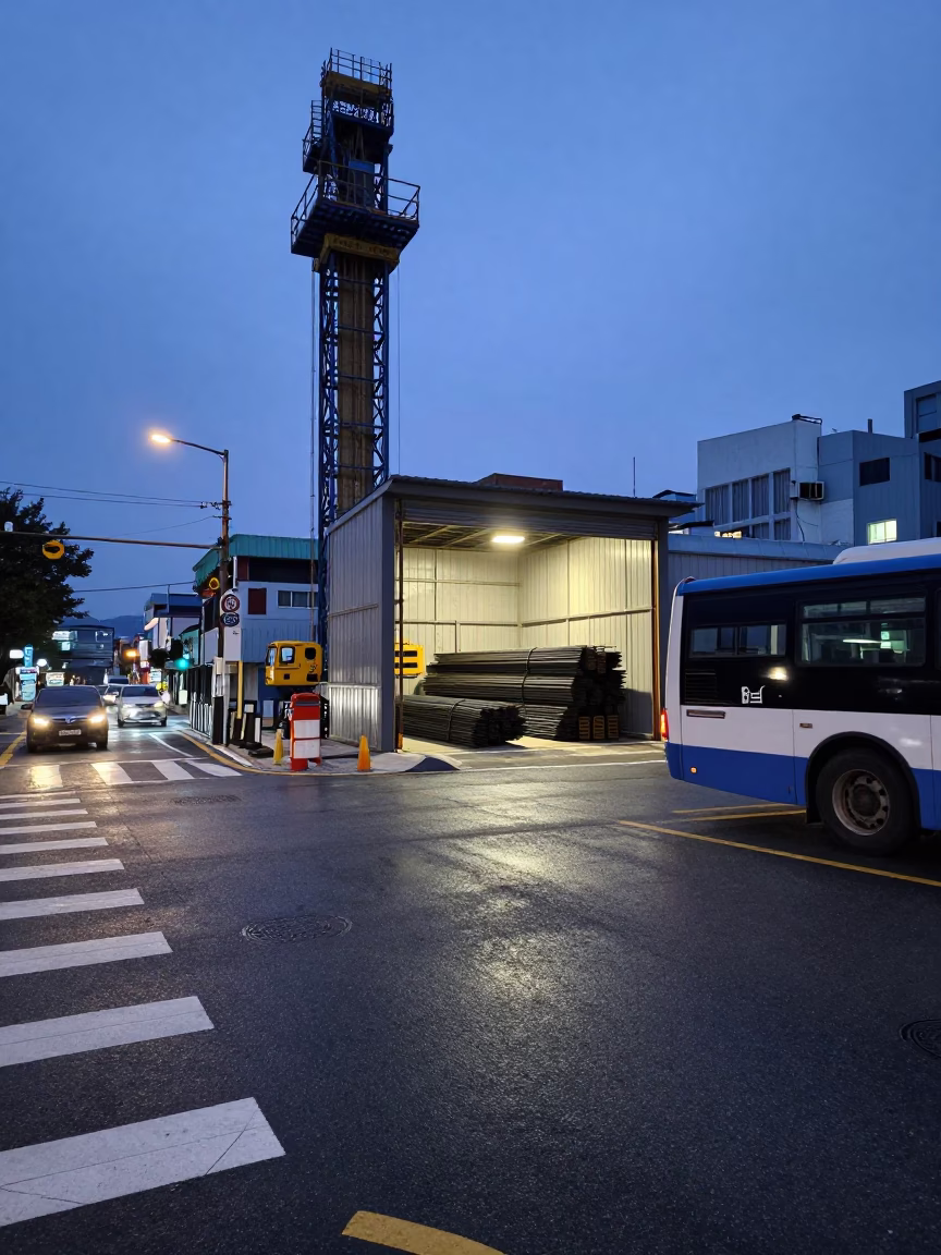 Busan Indigo Twilight Street Scene with Construction Elevator and Rebar Bundles in in Busan, South Korea