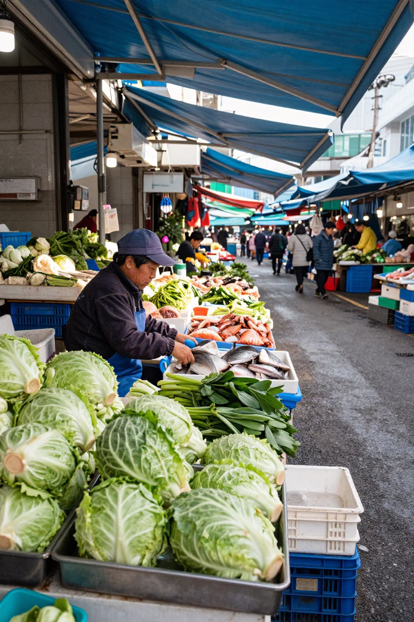 Busan Jagalchi Market Morning Light Fresh Seafood and Vegetable Stalls in in Busan, South Korea