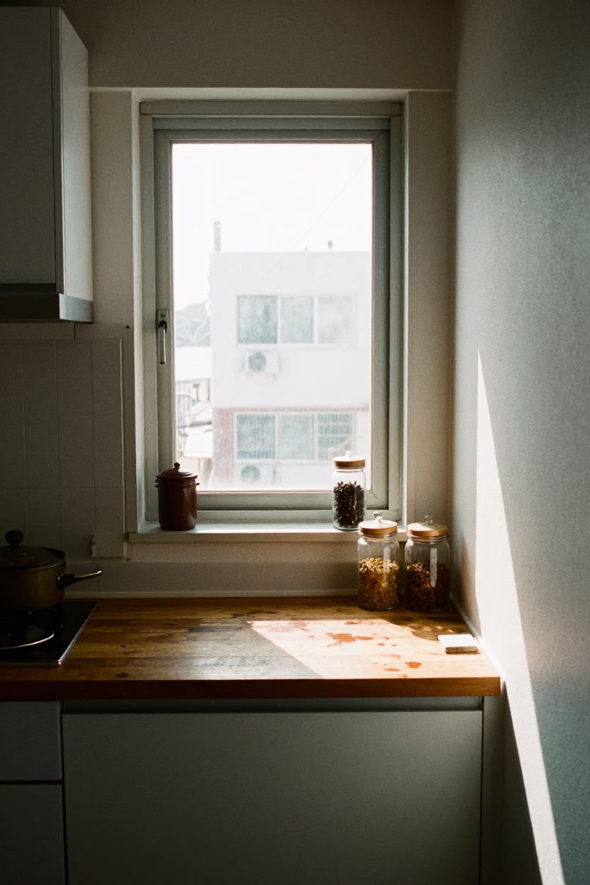 Busan Kitchen Window Morning Light and Spice Jars in in Busan, South Korea
