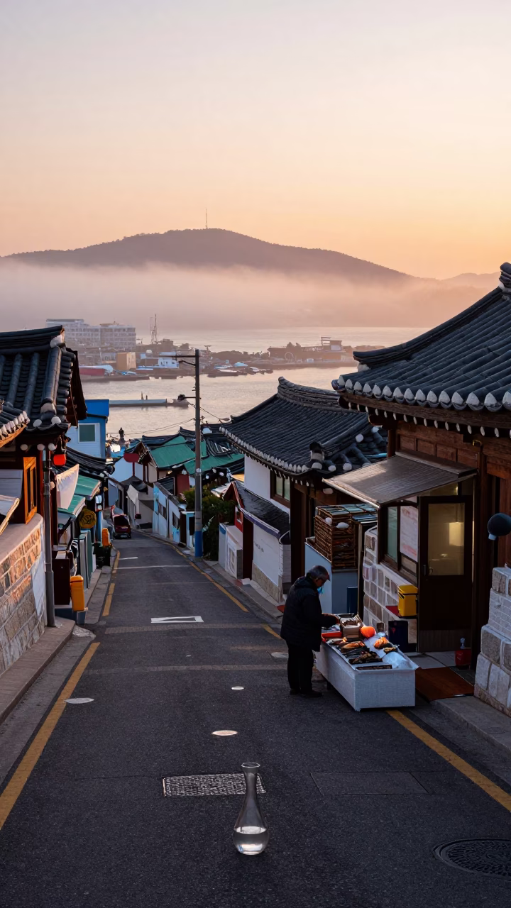 Busan Korea Dawn Street Scene with Glass Vase and Tea Strainer in Traditional Market in in Busan, South Korea