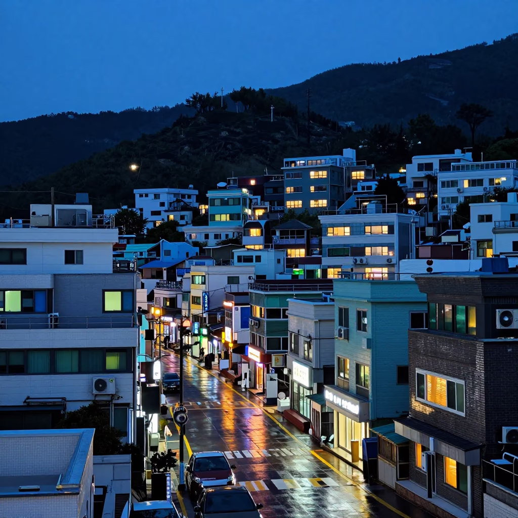 Busan Korea Twilight Street Scene with Window Light Reflections and Urban Ambiance in in Busan, South Korea