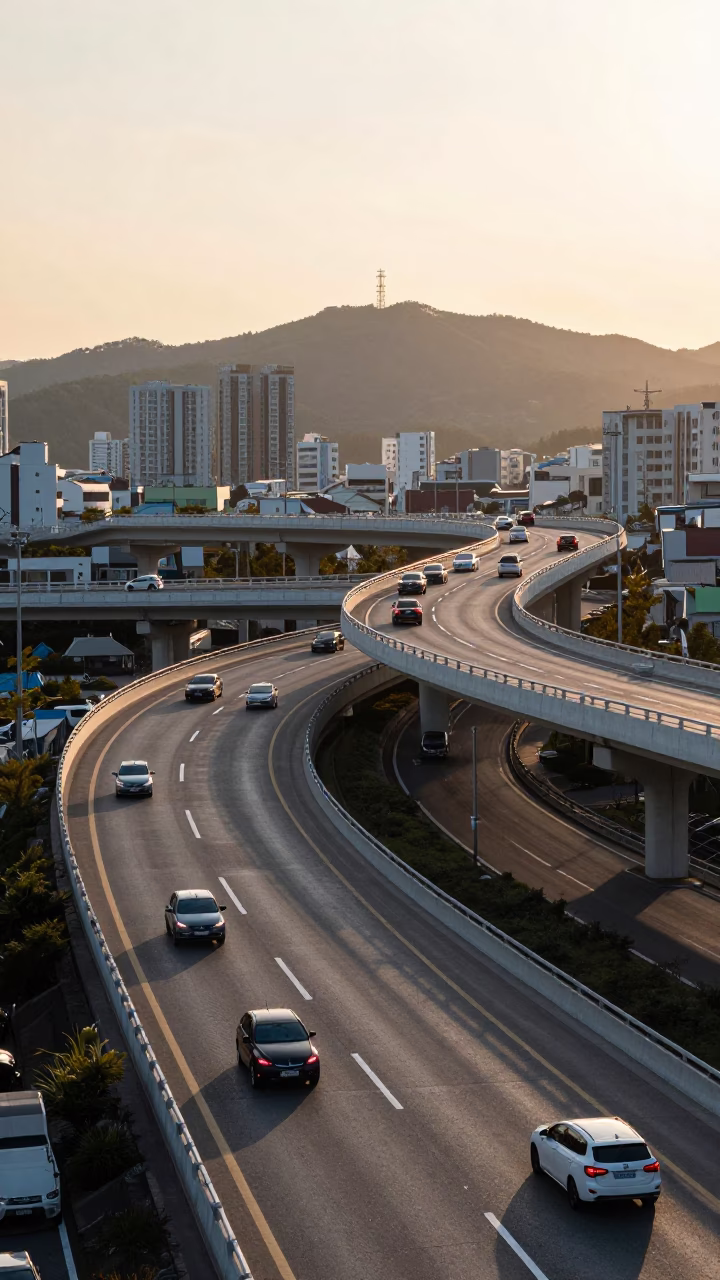 Busan Late Afternoon Overpass Interchange Lane Split Lit by Taillight Streaks Urban Landscape in in Busan, South Korea