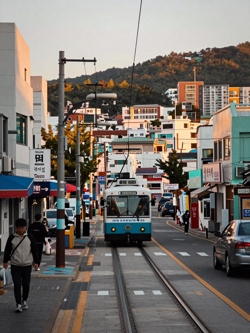 Busan Late Afternoon Street Scene with Funicular and Local Details in in Busan, South Korea