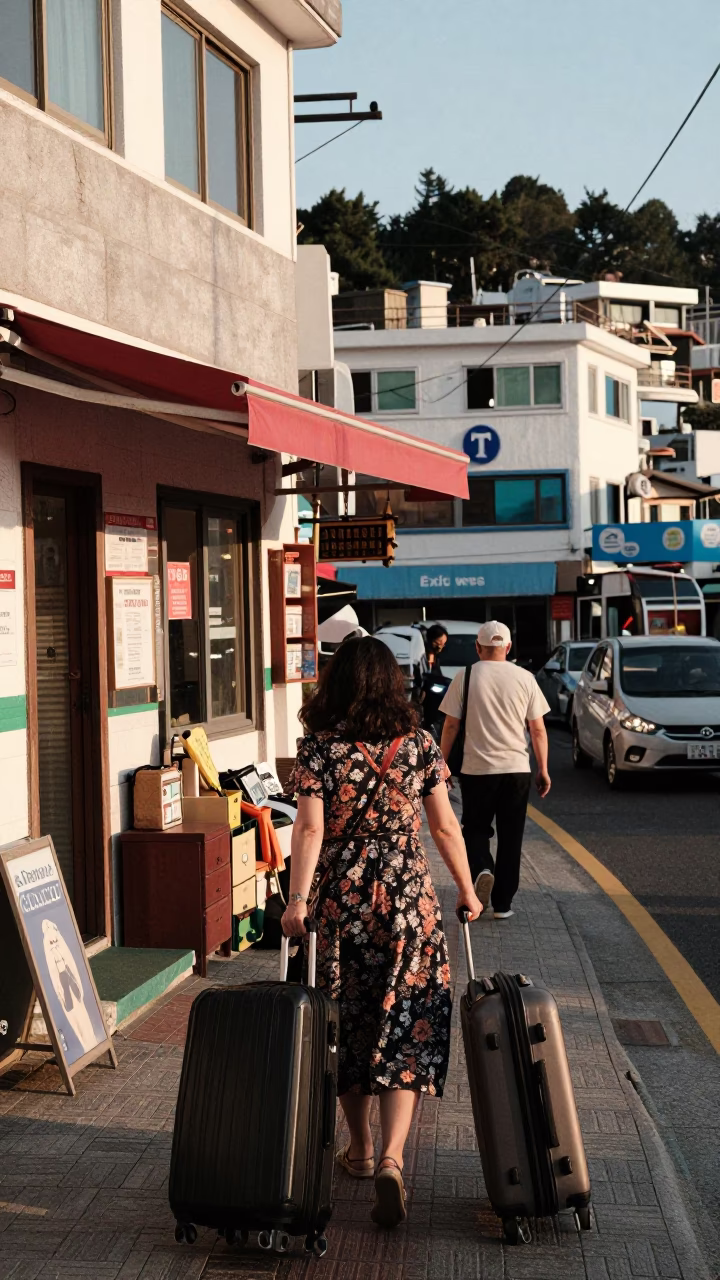 Busan Late Afternoon Street Scene with Suitcases and Local Interaction in in Busan, South Korea