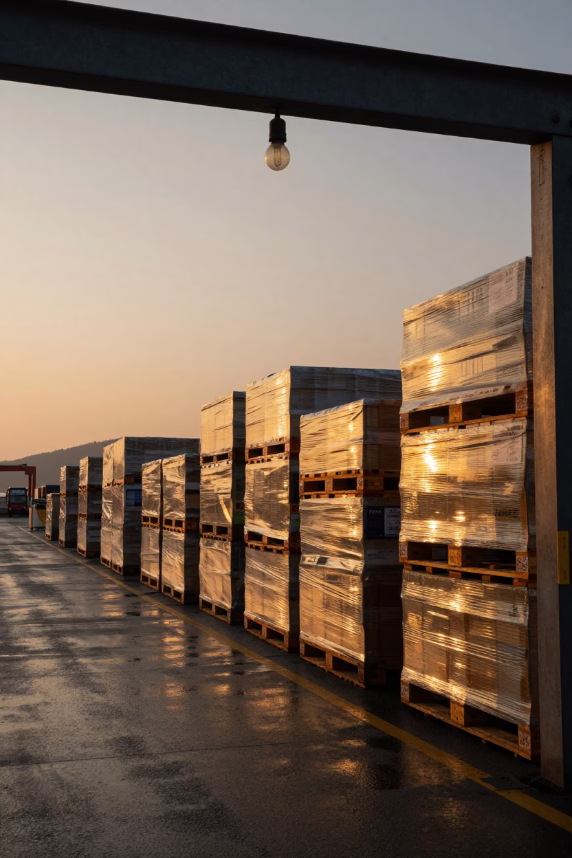 Busan Loading Dock Golden Hour Wet Pavement in at a loading dock before dispatch in Busan