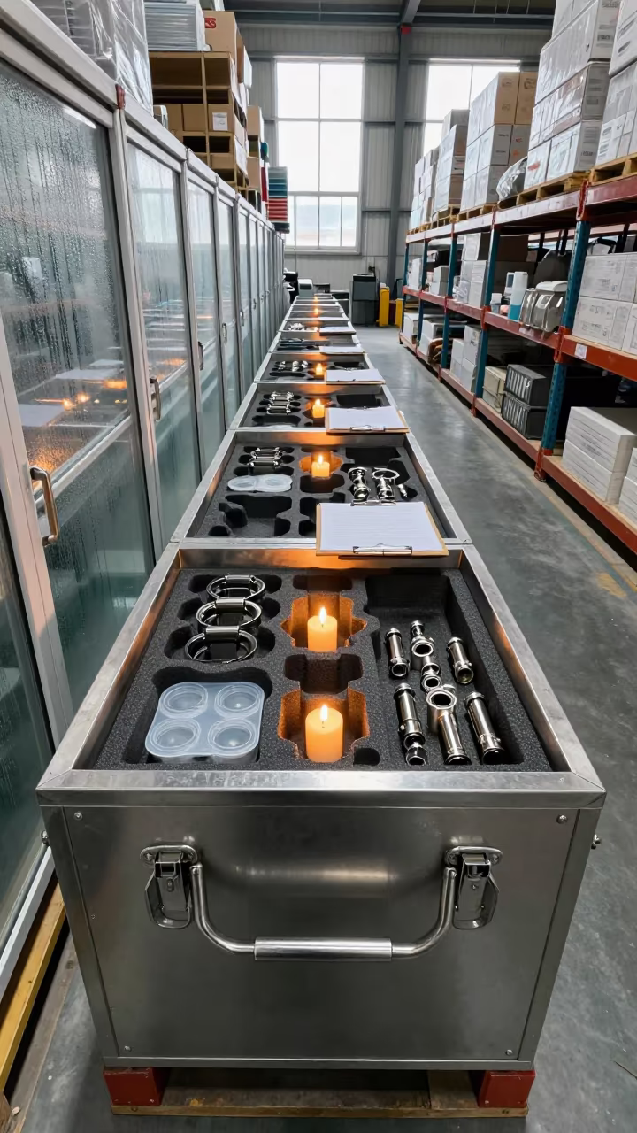 Busan Logistics Handoff Lockbox in Golden Hour in inside a warehouse aisle in Busan