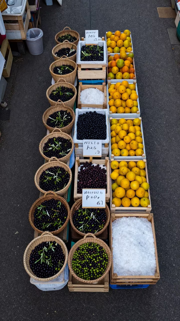 Busan Market Olive Salt Citrus Stall Aerial View in in a flea market lane in Nampo-dong, Busan