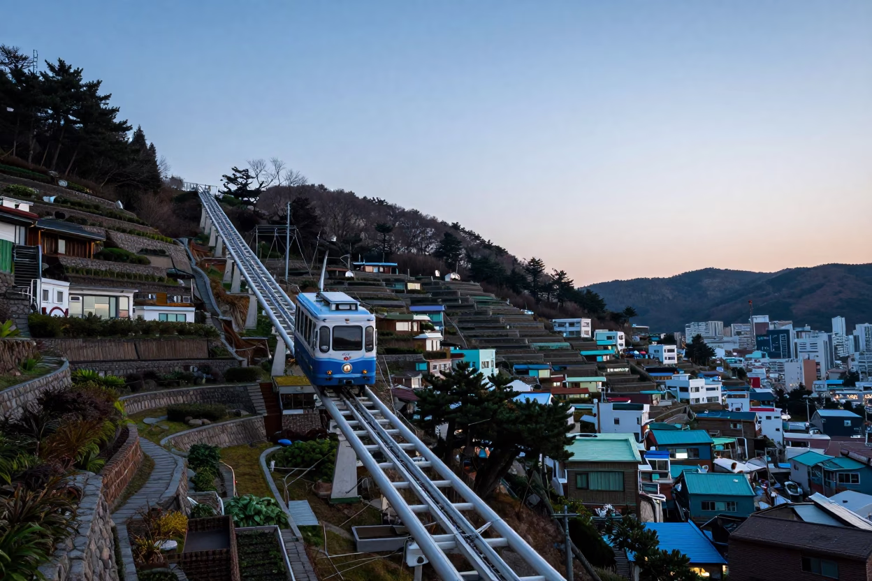 Busan Nautical Dawn Funicular Railway Rising Through Terraced Urban Gardens at Early Morning in in Busan, South Korea