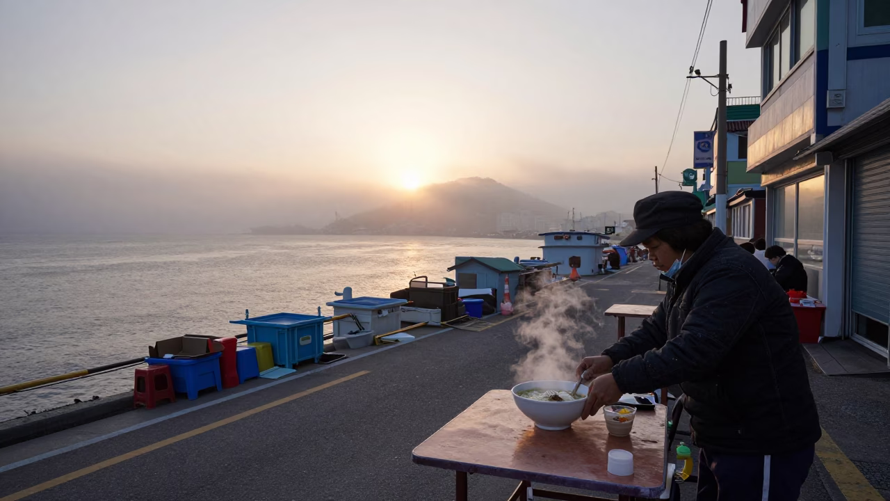 Busan Nautical Dawn Street Scene with Local Breakfast and Vintage Bicycle in in Busan, South Korea