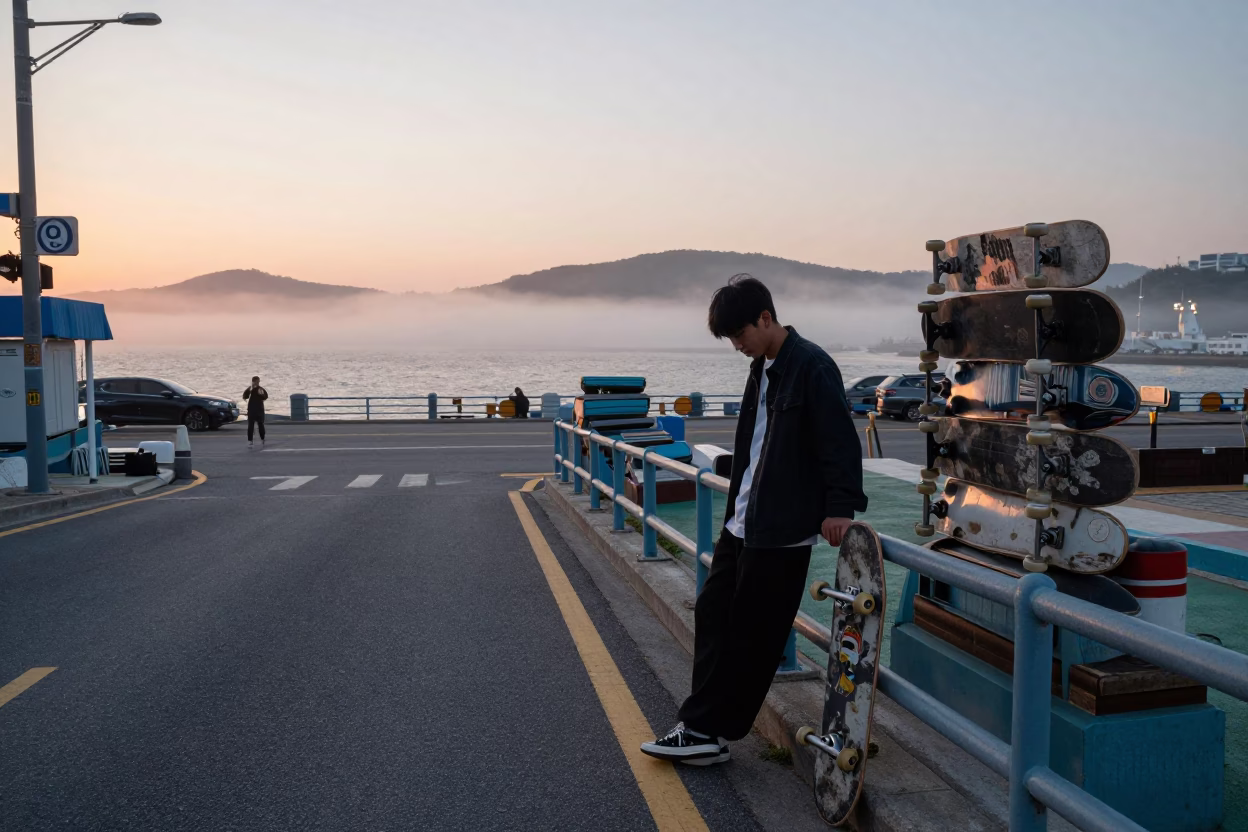 Busan Nautical Dawn Street Scene with Skateboard and Stacked Plates in in Busan, South Korea