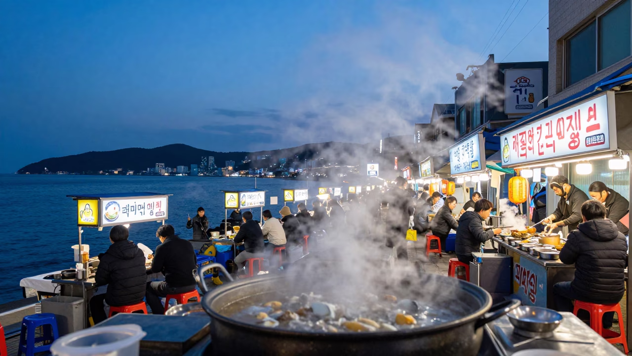 Busan Night Market Blue Hour Street Food Steam and Fishing Floats in in Busan, South Korea
