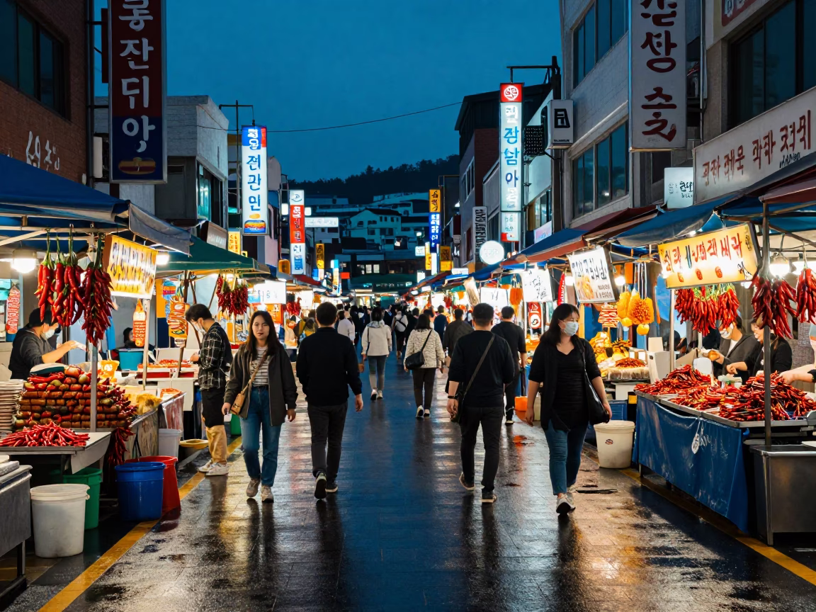 Busan Night Market Evening Stroll with Chili Peppers and Street Vendors in in Busan, South Korea