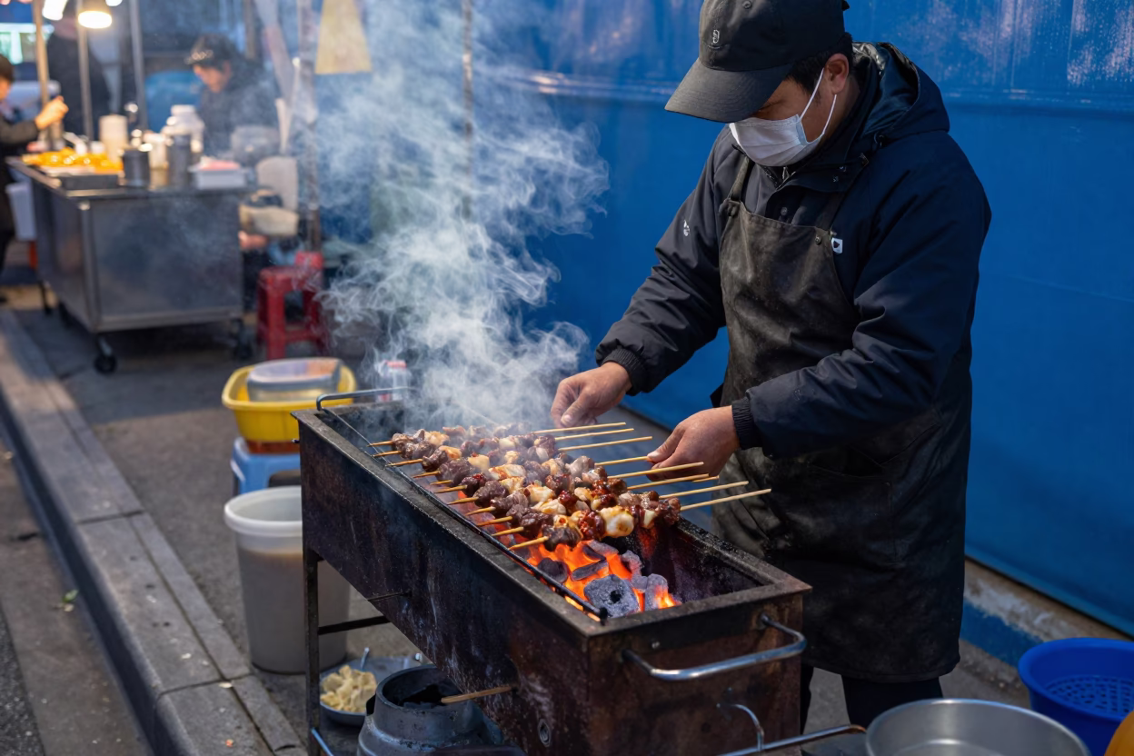 Busan Night Market Stall Grilling Kebab Over Coals Before Sunrise in in Busan, South Korea
