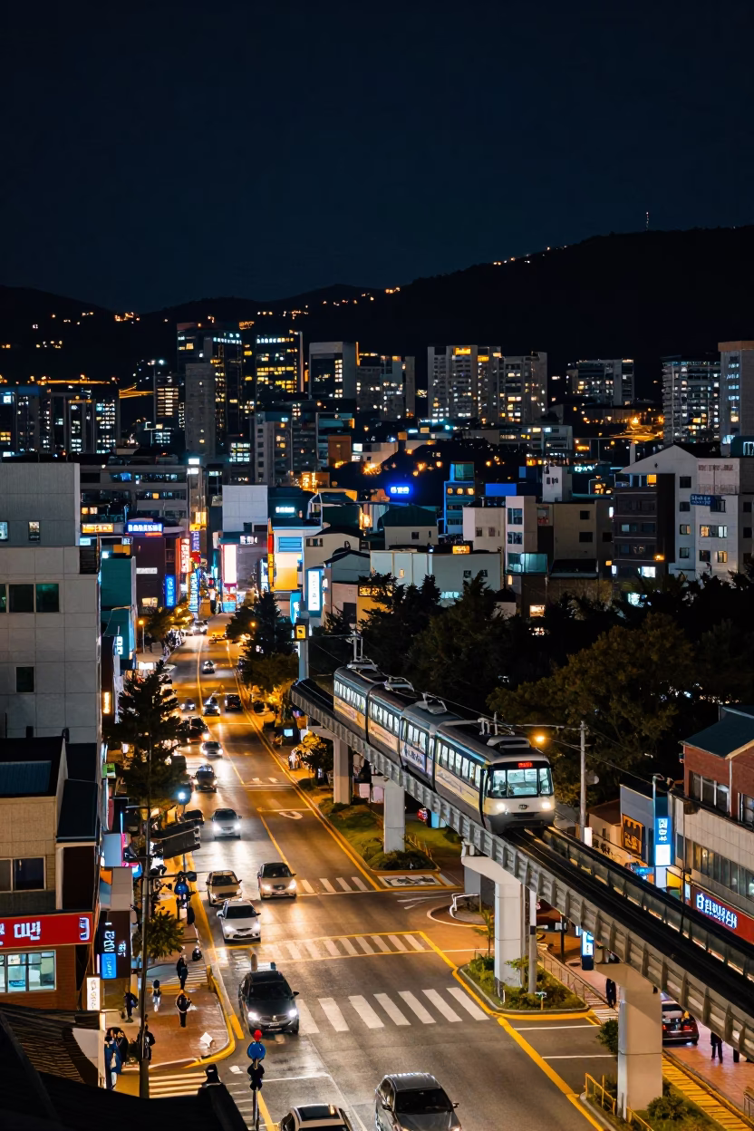 Busan Night Skyline Street Scene with Monorail and Urban Architecture in in Busan, South Korea